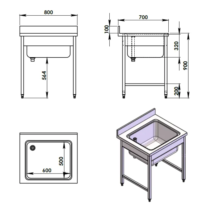 Oppvaskbenk med kum, 800x700mm